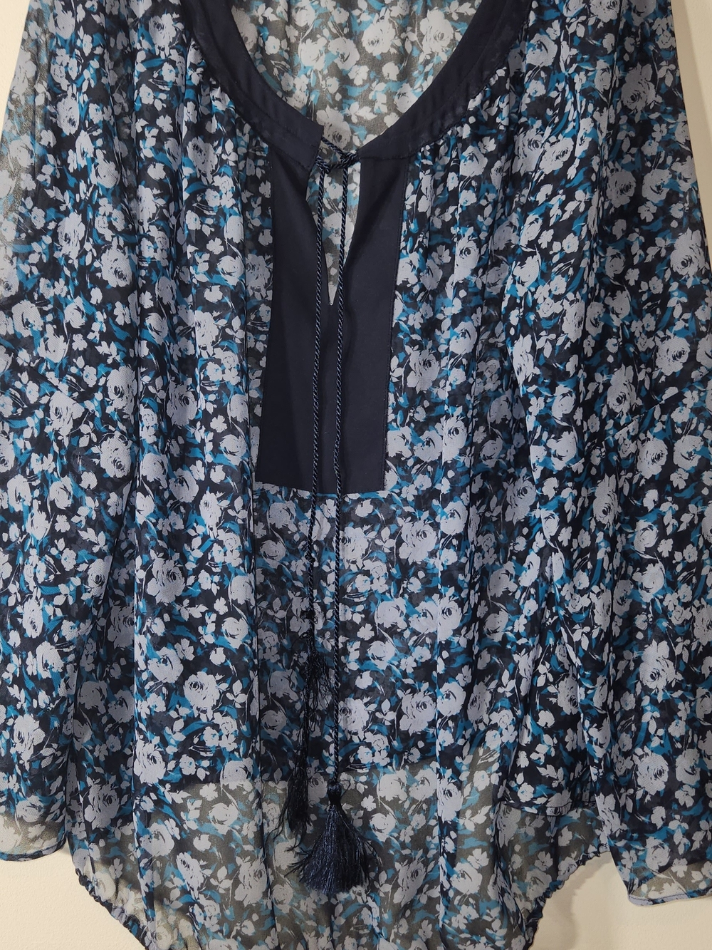 Lane Bryant 18/20 Navy Floral Sheer Blouse with Blue Accents & Tassels